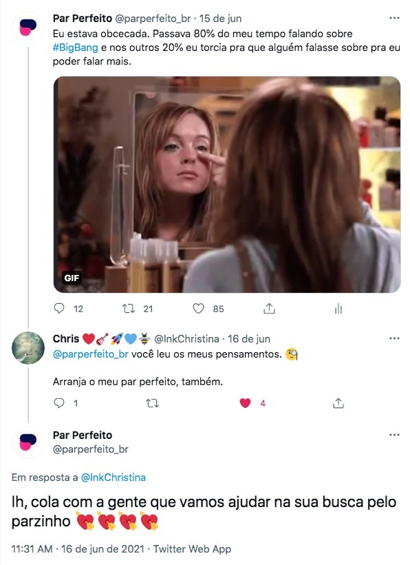 Print de conversa entre Par Perfeito e usuários